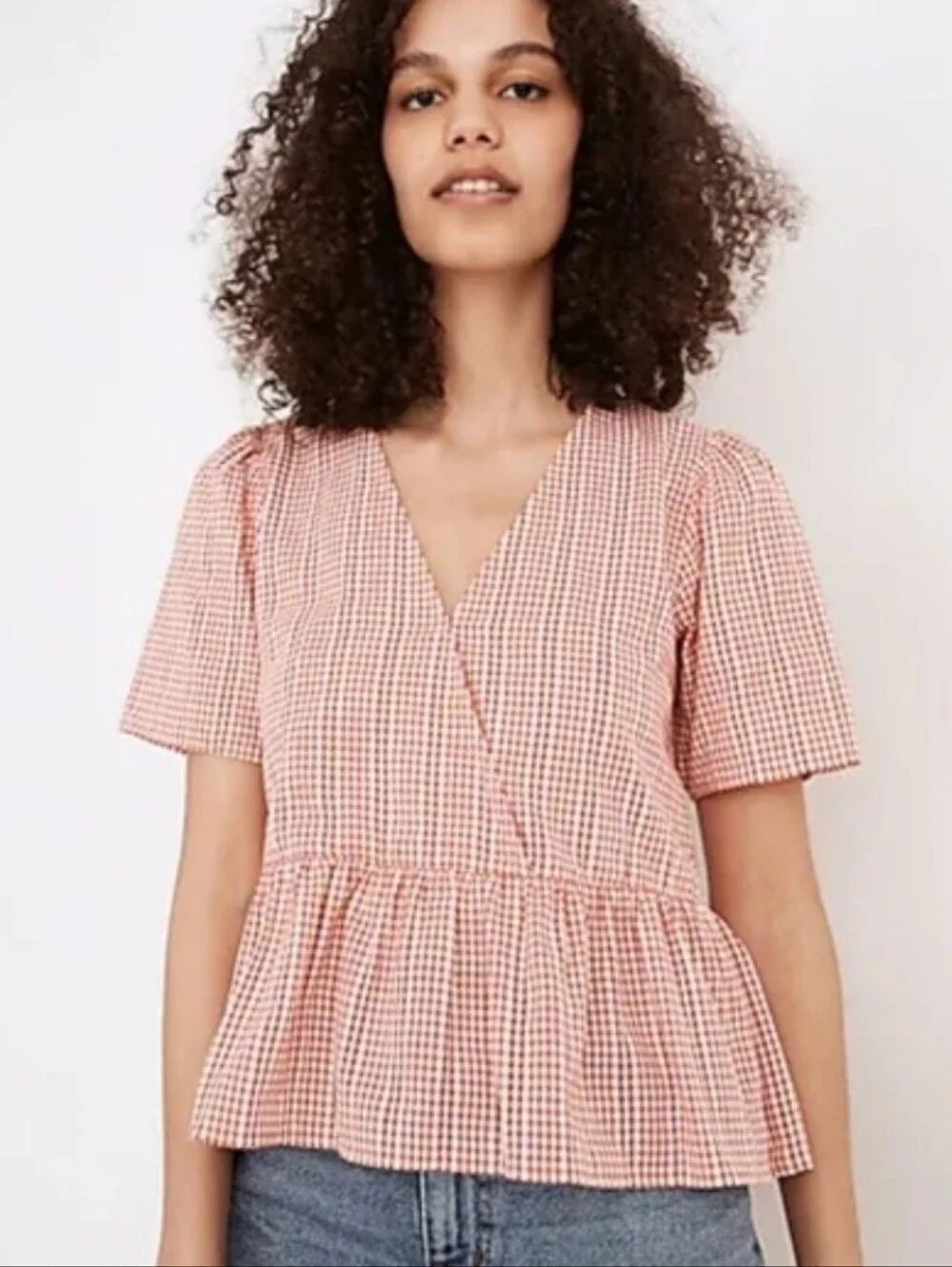 NEW Madewell Pink Gingham V-Neck Peplum Blouse